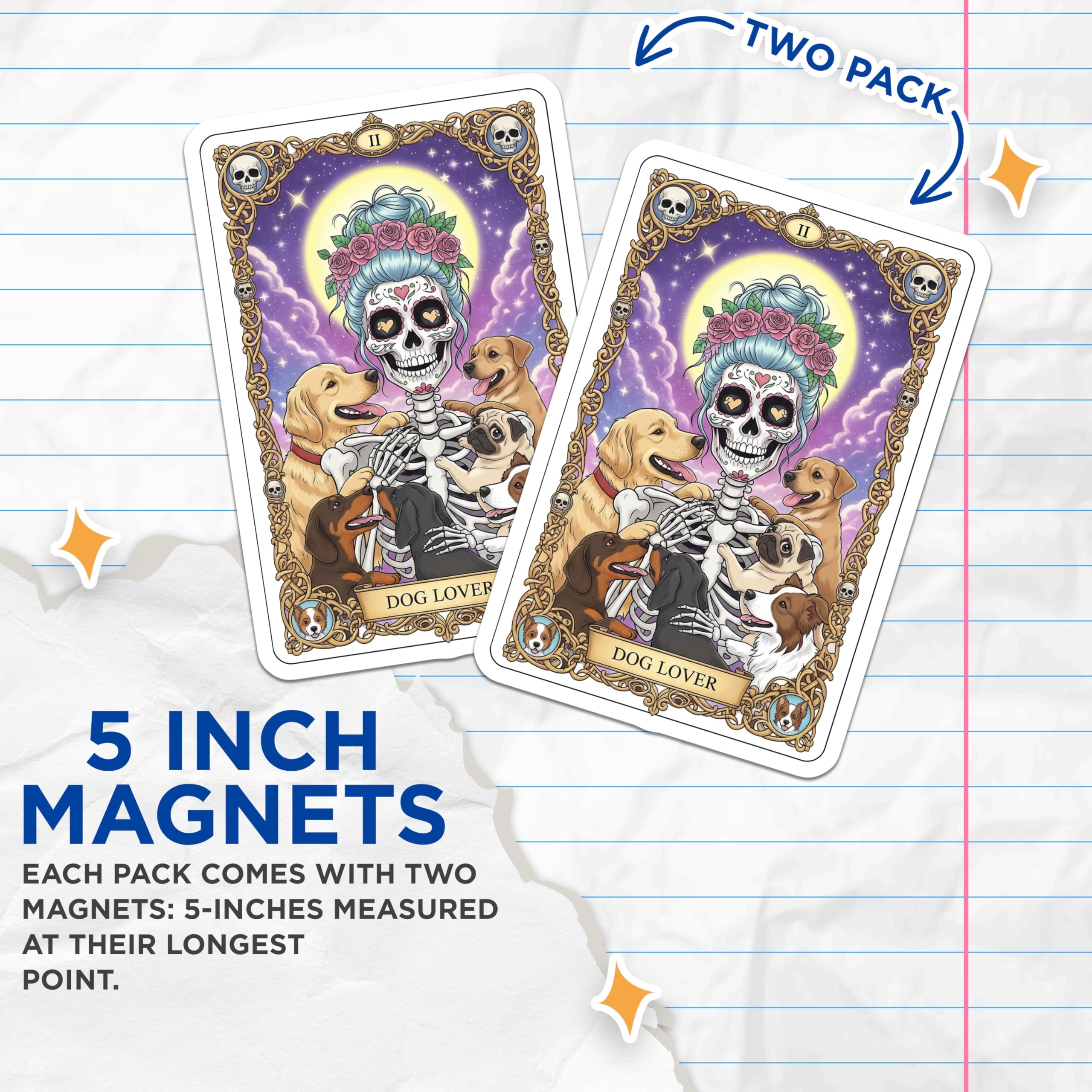 (2 Pack) Dog Lover Skeleton Magnets - Halloween Dog Art - Sugar Skull Decor - 5" On Longest Side - Premium Magnet - for Cars, Refrigerators, Toolboxes, Lockers - Made in USA - MAG14634