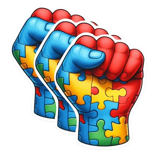 (3 Pack) Autism Awareness Decals - Puzzle Piece Fist - Advocate Decals - 3 Inches On Longest Side - Easy Peel & Apply - Made in USA - 3MCS1009