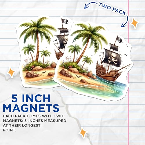 (2 Pack) Pirate Ship Skull Magnets - Tropical Beach Scene - Caribbean Pirate Decor - 5" On Longest Side - for Cars, Fridges, Toolboxes - Made in USA - MAG6770
