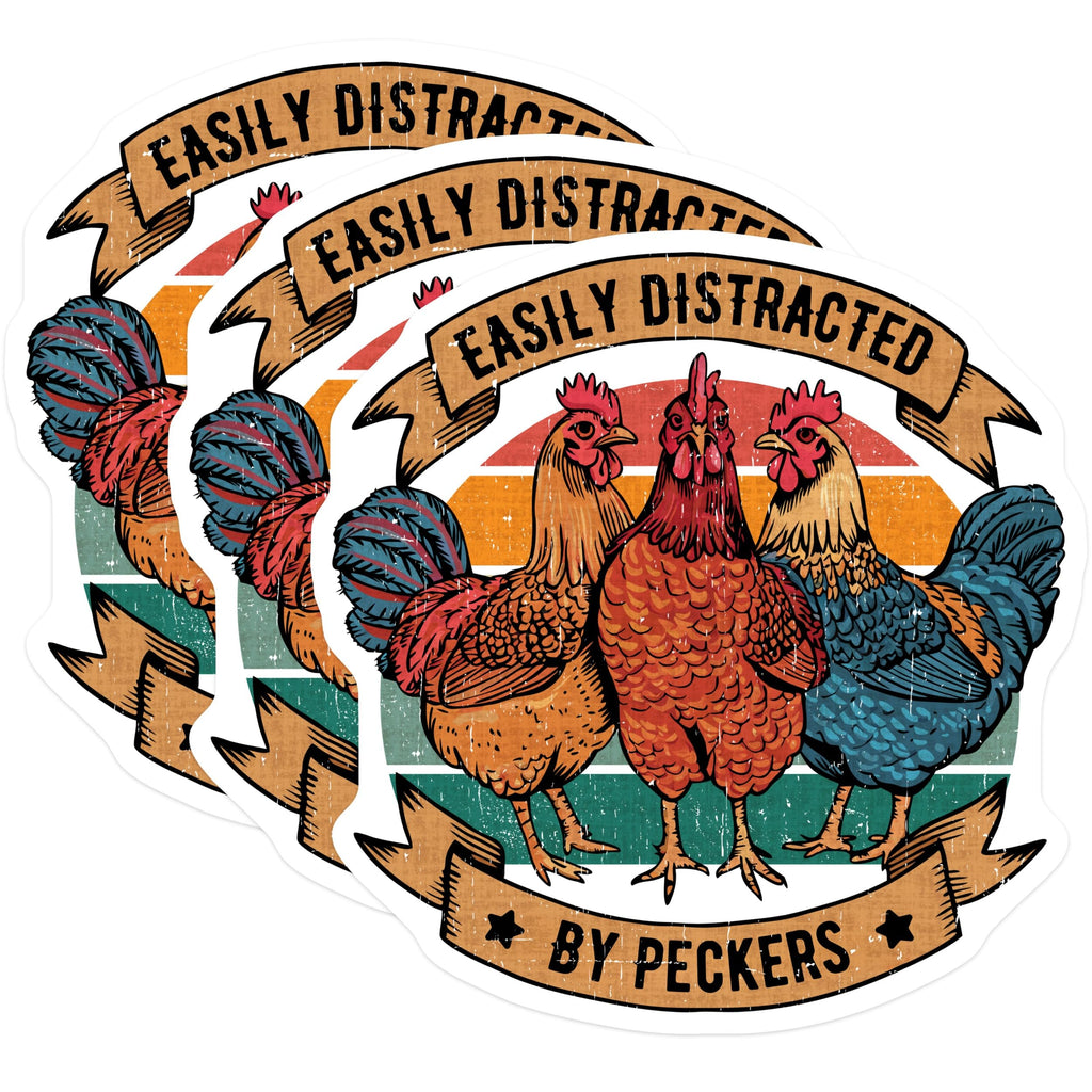 (3 Pack) Chicken Decals - Easily Distracted - Funny Chicken - 3 Inches On Longest Side - Easy Peel & Apply - Made in USA - 3MCS2208