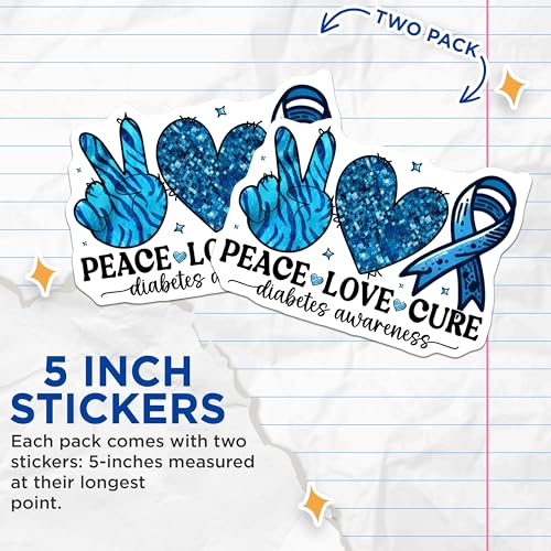 (2 Pack) Peace Love Cure Stickers - Diabetes Awareness Stickers - Blue Ribbon Stickers - 5" On Longest Side - Sticks to Smooth Flat Surfaces - Made in USA - BMCS3816