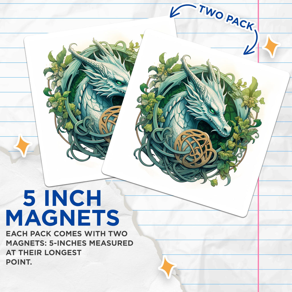 (2 Pack) White Dragon Magnets - Celtic Knot Art Fantasy Decor - Mythical Creature Refrigerator Locker Set - 5 Inches On Longest Side - Thick Durable Magnet - Made in USA - MAG28192