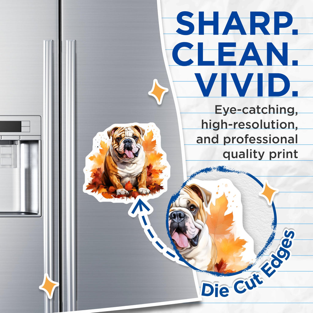 (2 Pack) Cute Bulldog Magnets - Autumn Leaves Dog Decor - Fall Refrigerator Magnets - 5 Inches On Longest Side - Thick Durable Magnet - Made in USA - MAG25917