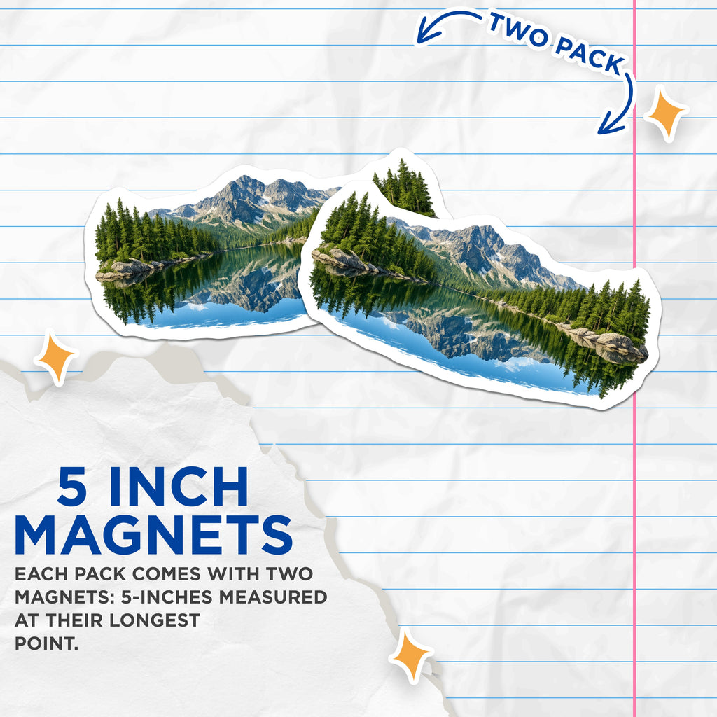(2 Pack) Mountain Lake Reflection Magnets - Pine Forest Scenic - Wilderness Landscape Decor - 5 Inches On Longest Side - Thick Durable Magnet - Made in USA - MAG39849