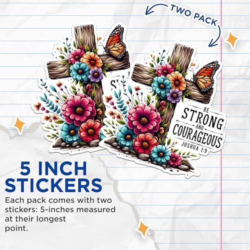 (2 Pack) Be Strong and Courageous Stickers - Inspirational Cross Stickers - Faith and Courage Stickers - 5" On Longest Side - Sticks to Any Smooth Flat Surface - Made in USA - BMCS2843