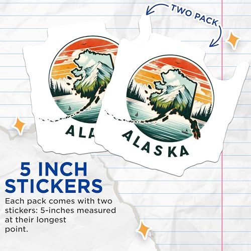(2 Pack) Alaska Adventure Stickers - Travel Souvenir Stickers - Scenic Landscape Stickers - 5" On Longest Side - Sticks to Smooth Flat Surfaces - Made in USA - BMCS4748