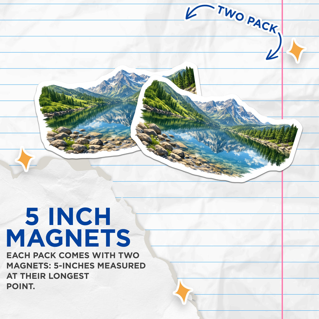(2 Pack) Mountain Lake Magnets - Alpine Reflection Scene - Wilderness Cabin Decor - 5 Inches On Longest Side - Thick Durable Magnet - Made in USA - MAG37723