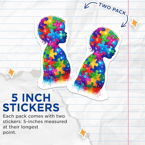 (2 Pack) Autism Awareness Stickers - Vibrant Puzzle Pieces - Colorful Child Silhouette Decals - 5" On Longest Side - Sticks to Smooth Flat Surfaces - Made in USA - BMCS7906