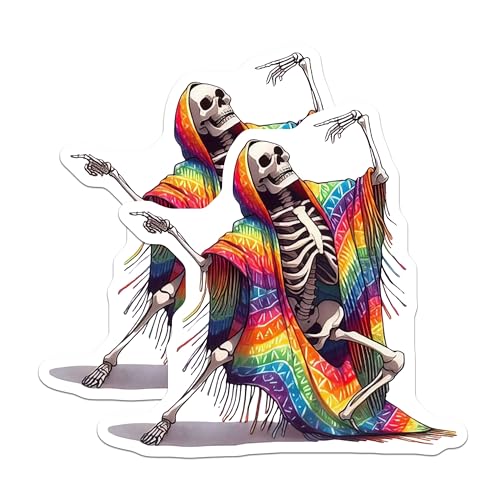 (2 Pack) Skeleton Rainbow Poncho Stickers - Skeleton Celebrating - Colorful Day of The Dead Sticker - 5" On Longest Side - Sticks to Smooth Flat Surfaces - Made in USA - BMCS7073