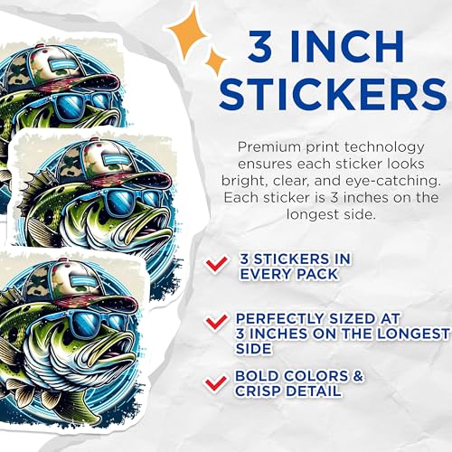 (3 Pack) Bass Fishing Decals - Cool Fish with Hat - Laptop Decal - 3 Inches On Longest Side - Easy Peel & Apply - Made in USA - 3MCS7357