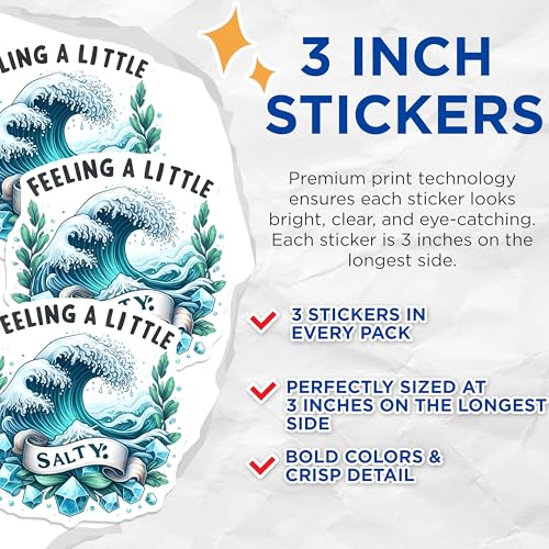 (3 Pack) Feeling Salty Decals - Ocean Wave - Sarcastic Stickers - 3 Inches On Longest Side - Easy Peel & Apply - Made in USA - 3MCS8043