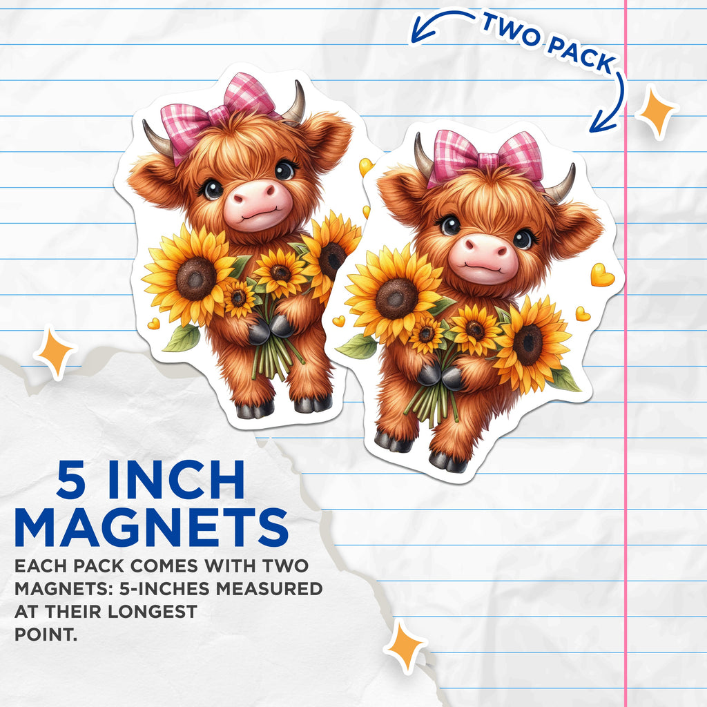 (2 Pack) Cute Highland Cow Magnets - Sunflower Farm Animal Decor - Kawaii Kitchen Refrigerator - 5 Inches On Longest Side - Thick Durable Magnet - Made in USA - MAG38438