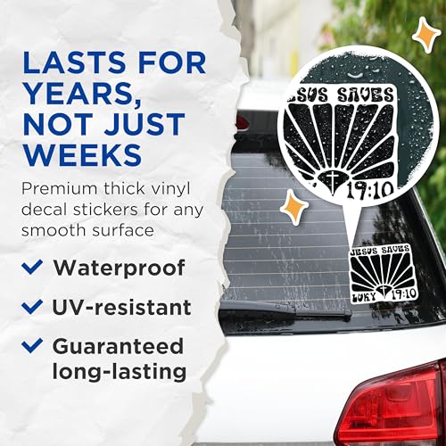 (2 Pack) Jesus Saves Stickers - Luke 19:10 Stickers - Christian Faith Stickers for Laptops and Notebooks - 5" On Longest Side - Sticks to Any Smooth Flat Surface - Made in USA - BMCS3082
