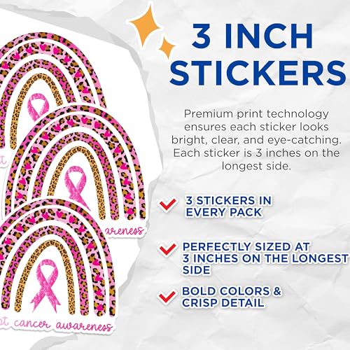 (3 Pack) Breast Cancer Awareness Decals - Rainbow Leopard Print - Pink Ribbon Support - 3 Inches On Longest Side - Easy Peel & Apply - Made in USA - 3MCS1254