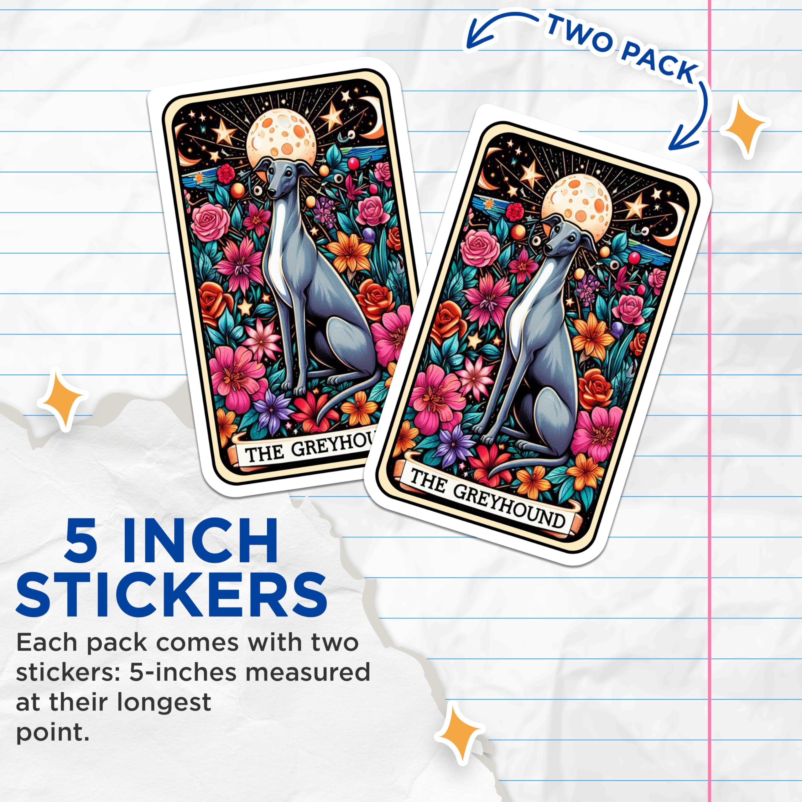 (2 Pack) Greyhound Stickers - Dog Lover Gift - Floral Art Print Stickers - 5" On Longest Side - Sticks to Smooth Flat Surfaces - Made in USA - BMCS5059