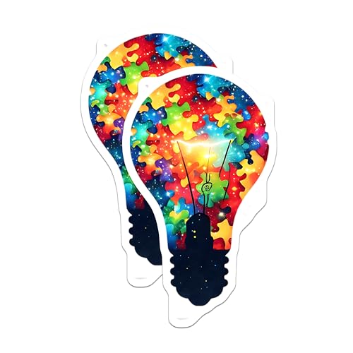 (2 Pack) Puzzle Lightbulb Stickers - Colorful Brain Puzzle - Autism Awareness - 5" On Longest Side - Sticks to Smooth Flat Surfaces - Made in USA - BMCS7897