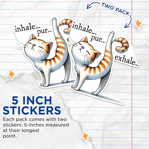 (2 Packs) Inhale Pur Exhale Funny Cat Doing Yoga Stickers - Cat Mediating Yogi Decals - 5 Inches On Longest Side - Premium Vinyl Decal - Sticks to Any Smooth Flat Surface - Made in USA - BMCS2432