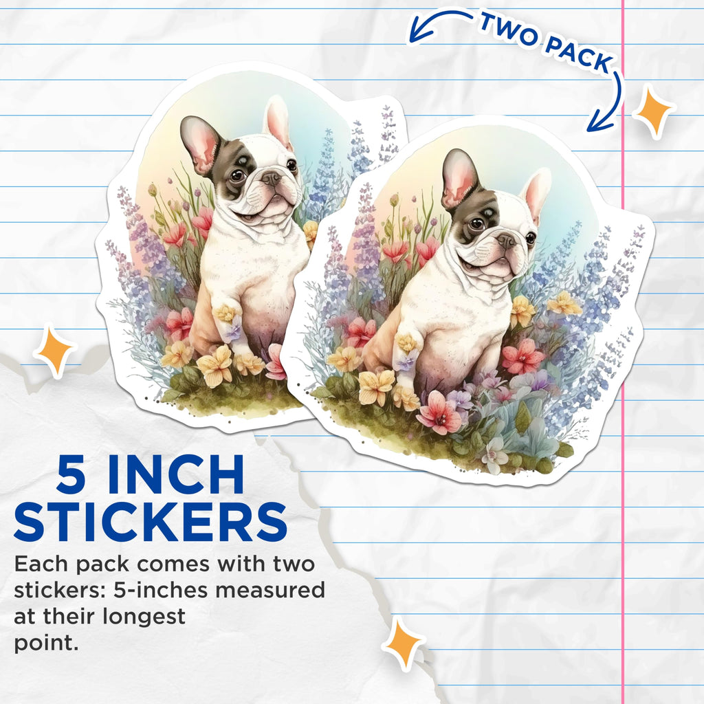 (2 Pack) French Bulldog Stickers - Floral Dog Art - Cute Puppy Decal- 5" On Longest Side - Sticks to Smooth Flat Surfaces - Made in USA - BMCS16207
