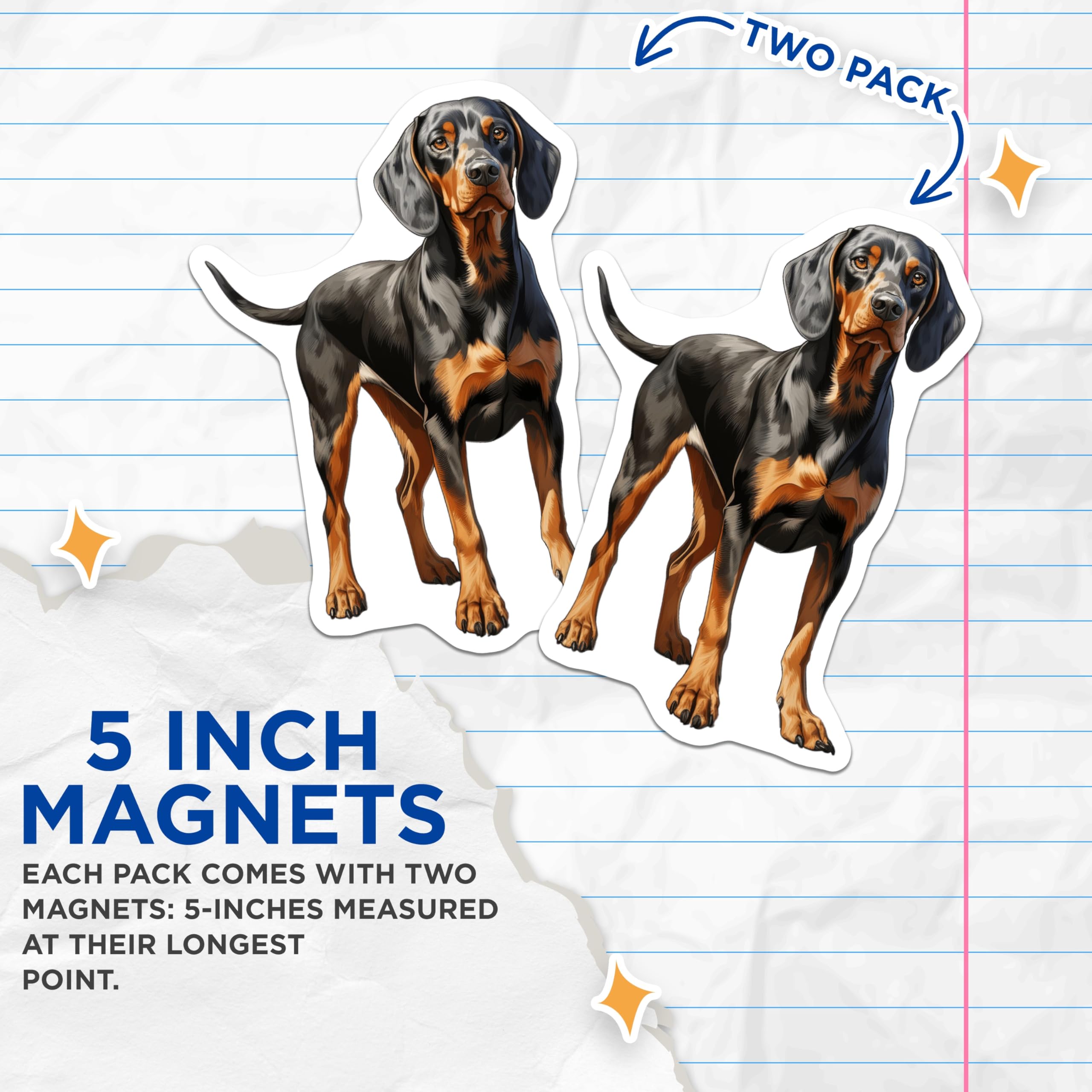 (2 Pack) Black Tan Coonhound Magnets - Hound Dog Art Print - Pet Owner Refrigerator Decor Display - 5 Inches On Longest Side - Thick Durable Magnet - Made in USA - MAG30067