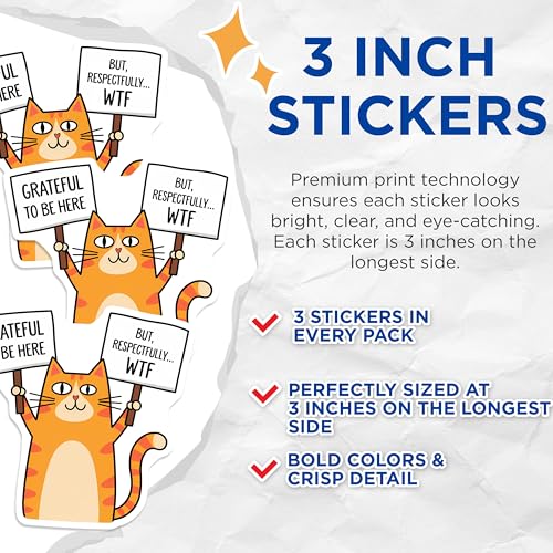 (3 Pack) Funny Cat Decals - Sarcastic Cat Meme - Grateful to Be Here But Respectfully WTF - 3 Inches On Longest Side - Easy Peel & Apply - Made in USA - 3MCS2087