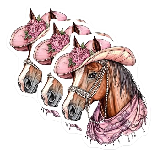 (3 Pack) Horse with Hat Decals - Pink Floral Fashion - Laptop Decal - 3 Inches On Longest Side - Easy Peel & Apply - Made in USA - 3MCS8255