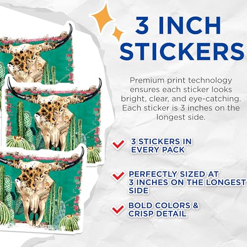 (3 Pack) Bull Skull Decals - Cactus Decals - Western Decal - 3 Inches On Longest Side - Easy Peel & Apply - Made in USA - 3MCS4579