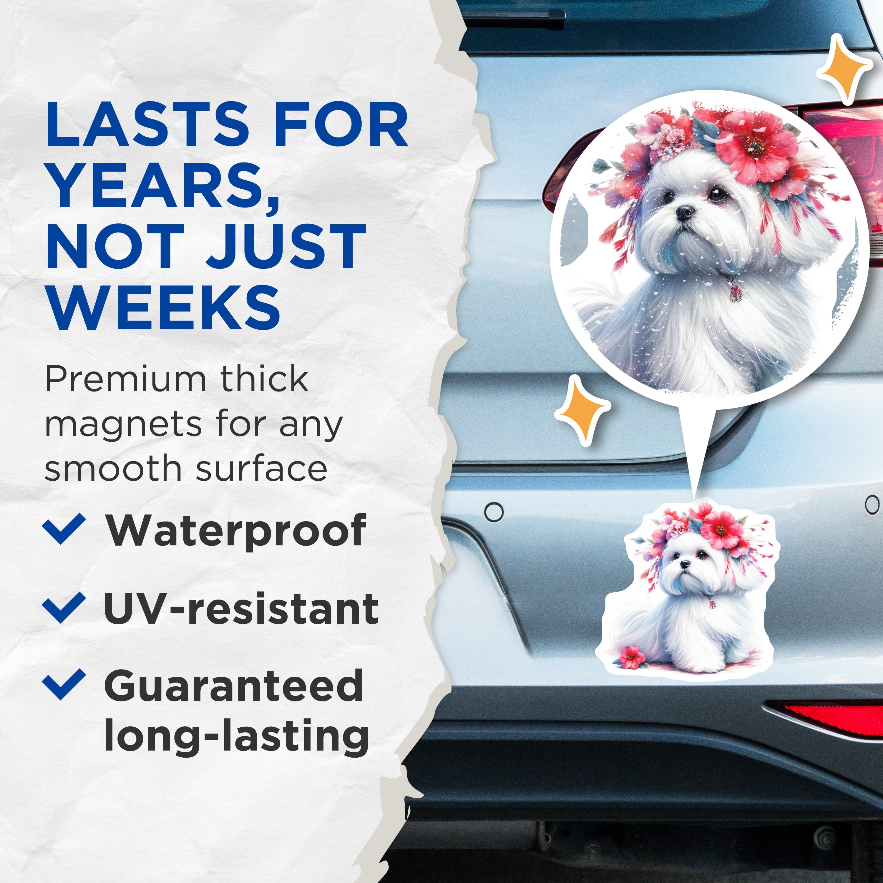 (2 Pack) Maltese Dog Magnets - Flower Crown Pet Lover - Refrigerator Locker Decor - 5 Inches On Longest Side - Thick Durable Magnet - Made in USA - MAG38608