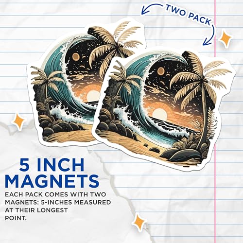 (2 Pack) Beach Sunset Wave Magnets Magnets - 5" On Longest Side - Made in USA - Sticks to Refrigerators & Metal Surfaces - MAG9258