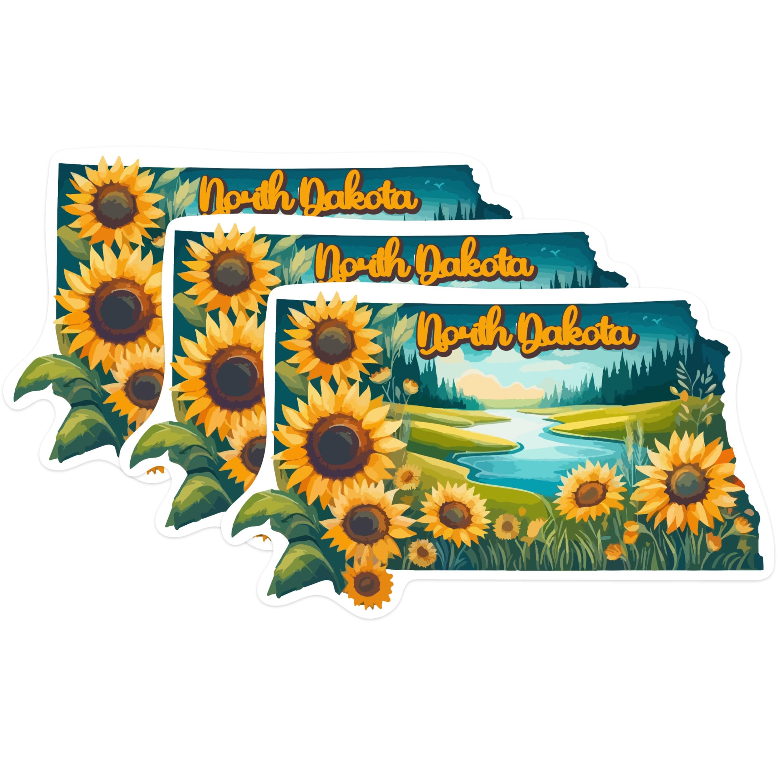 (3 Pack) North Dakota Decals - Sunflower ND Design - Laptop State Decal - 3 Inches On Longest Side - Easy Peel & Apply - Made in USA - 3MCS0156