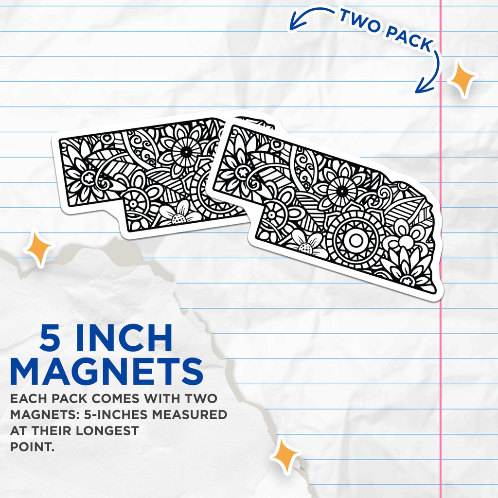 (2 Pack) Nebraska State Magnets - Floral Mandala Artwork - Intricate Black White Silhouette - Midwestern Home Decor Souvenir - 5 Inches On Longest Side - Thick Durable Magnet - Made in USA - MAG19412