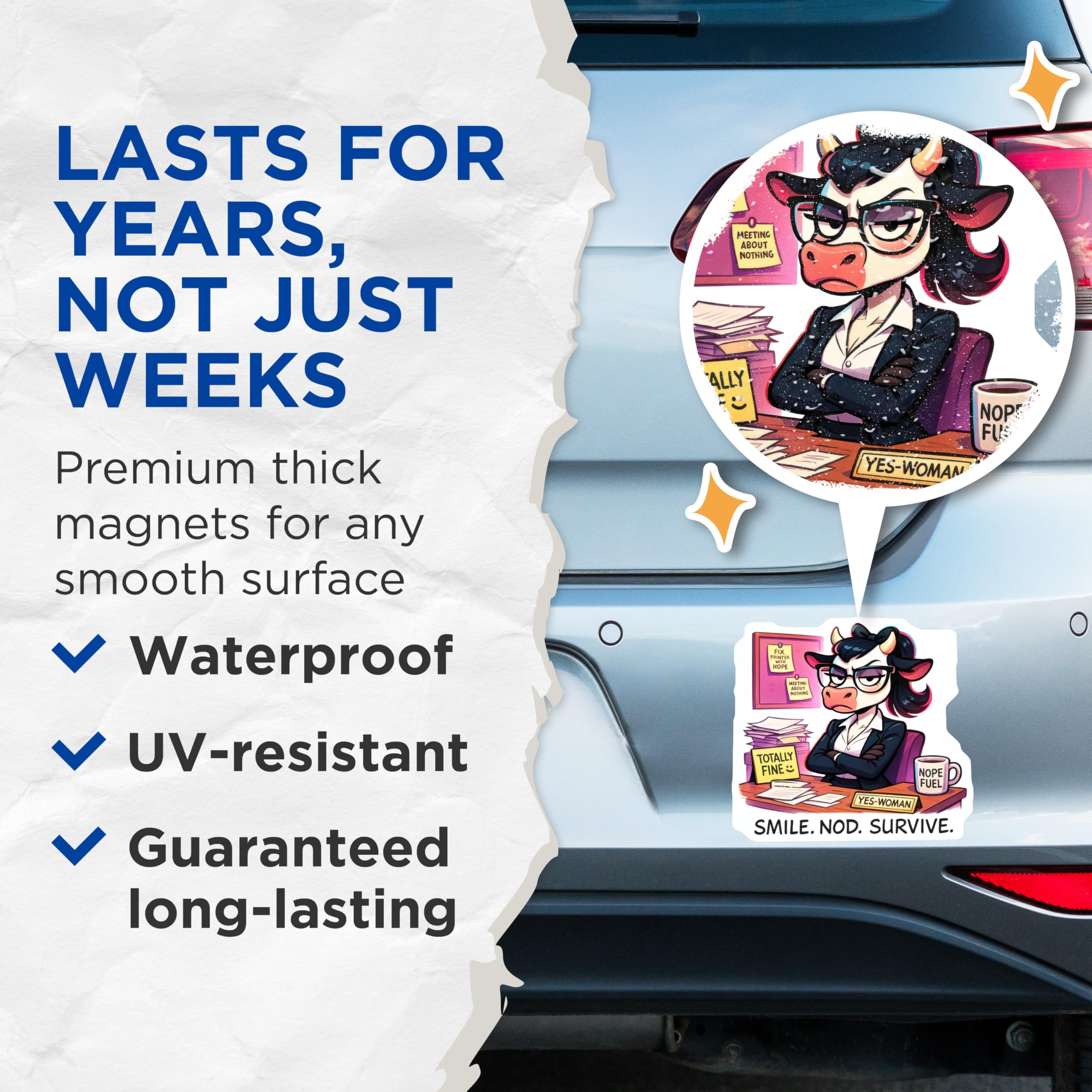 (2 Pack) Grumpy Cow Magnets - Office Humor Desk Decor - Corporate Survival Funny Magnet - Sarcastic Employee Life - 5 Inches On Longest Side - Thick Durable Magnet - Made in USA - MAG20485