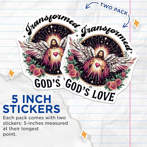 (2 Pack) Transformed by God's Love Stickers - Inspirational Religious Stickers - Christian Faith Stickers - 5" On Longest Side - Sticks to Smooth Flat Surfaces - Made in USA - BMCS4312