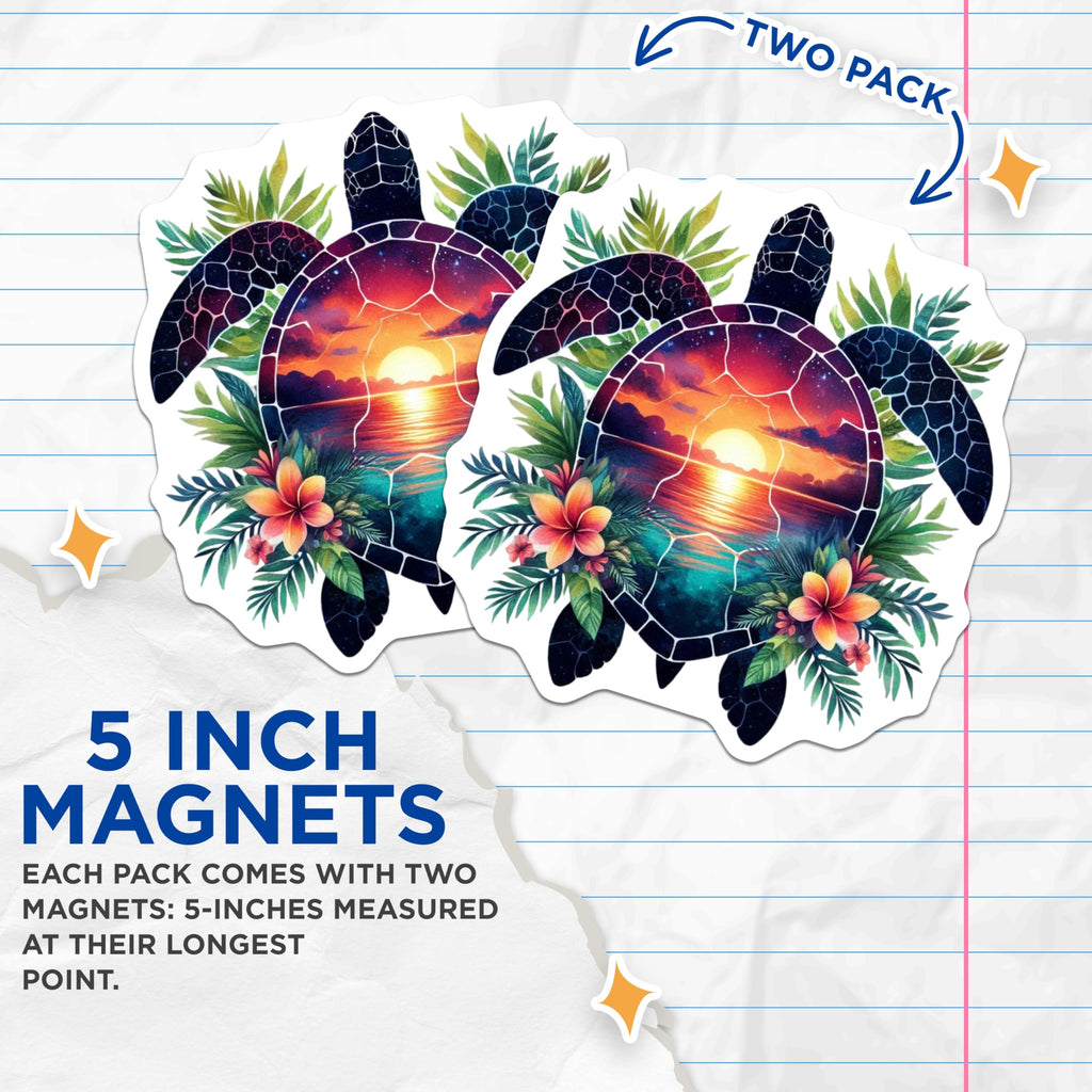 (2 Pack) Sea Turtle Magnets - Sunset Ocean Art - Tropical Floral Design Decor - 5 Inches On Longest Side - Thick Durable Magnet - Made in USA - MAG22944