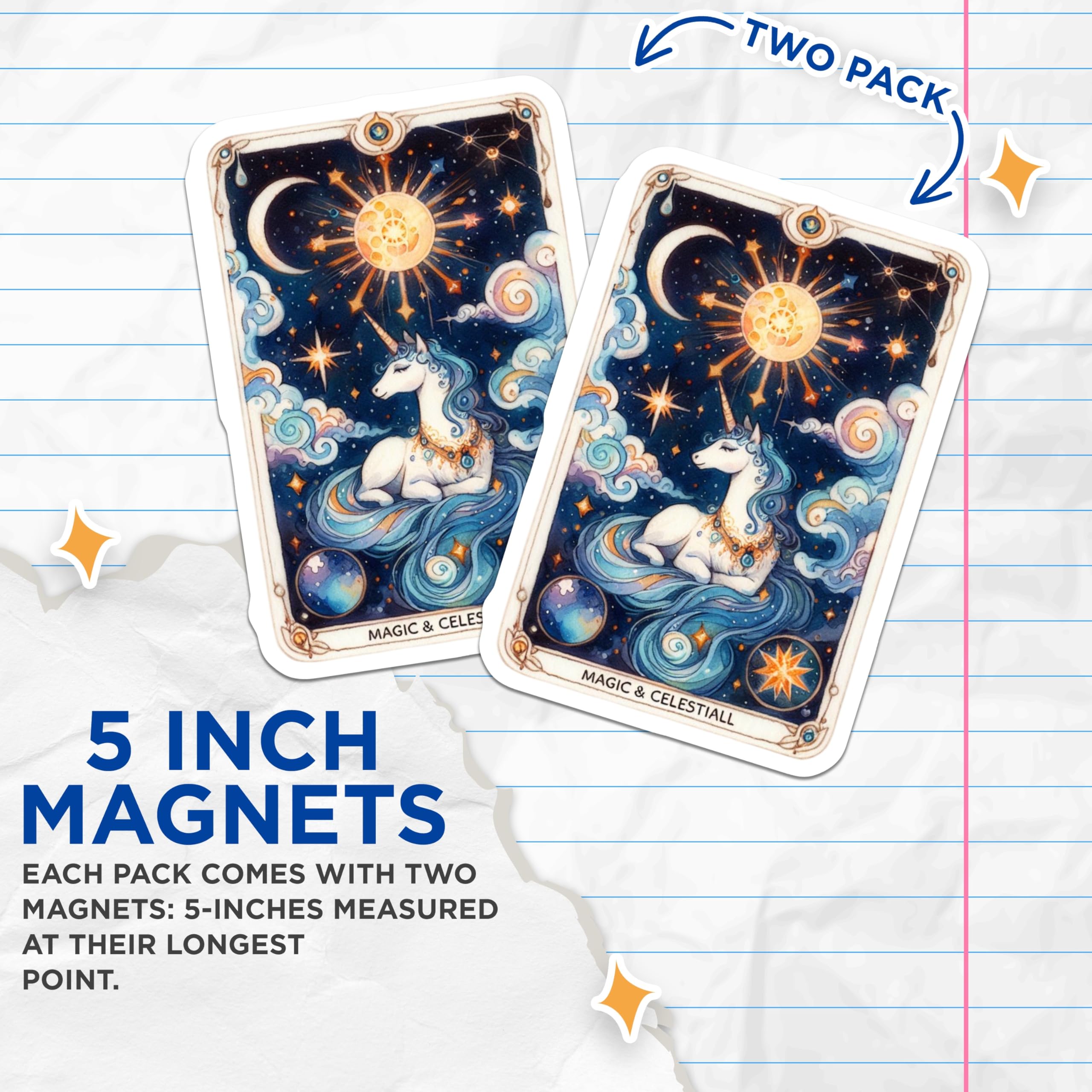 (2 Pack) Celestial Unicorn Magnets - Magic Creature Decor - Fantasy Art Illustration - 5" On Longest Side - Premium Magnet - for Cars, Refrigerators, Toolboxes, Lockers - Made in USA - MAG15183