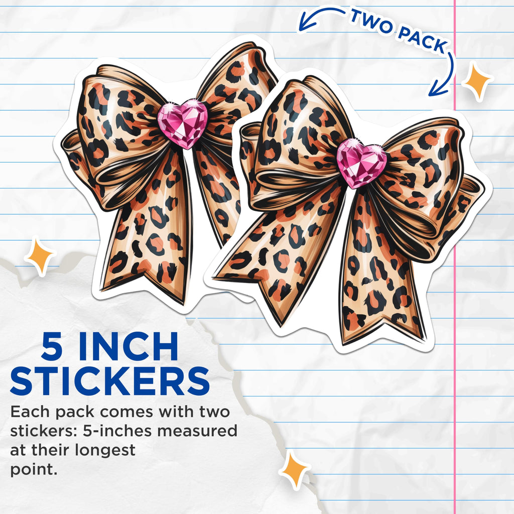 (2 Pack) Leopard Print Bow Stickers - Animal Print Heart Bow Sticker - Cute Pink Gem Bow Sticker - 5" On Longest Side - Sticks to Smooth Flat Surfaces - Made in USA - BMCS5901