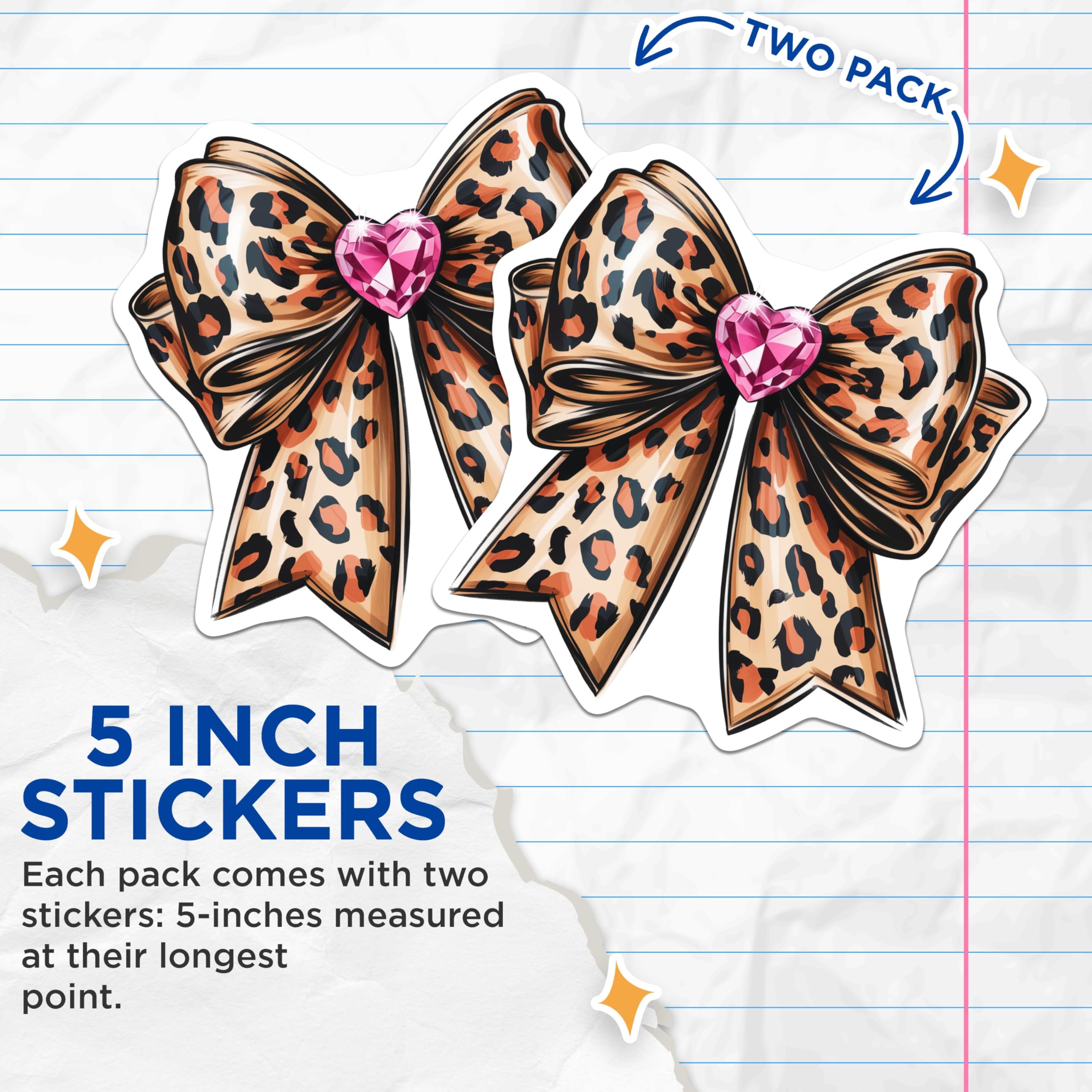 (2 Pack) Leopard Print Bow Stickers - Animal Print Heart Bow Sticker - Cute Pink Gem Bow Sticker - 5" On Longest Side - Sticks to Smooth Flat Surfaces - Made in USA - BMCS5901