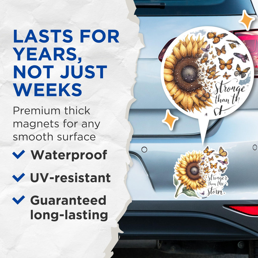 (2 Pack) Stronger Than The Storm Magnets - Sunflower Butterfly Magnets - Inspirational Quote Magnets for Home Decor- 5" On Longest Side - for Fridges, Toolboxes, Cars - Made in USA - MAG2903