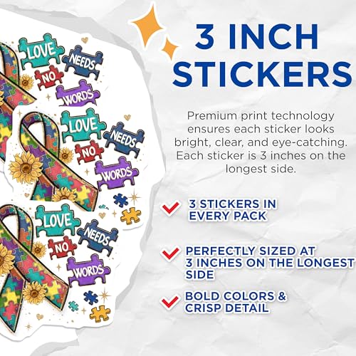 (3 Pack) Autism Awareness Decals - Puzzle Ribbon - Sunflower Laptop Decal - 3 Inches On Longest Side - Easy Peel & Apply - Made in USA - 3MCS2928
