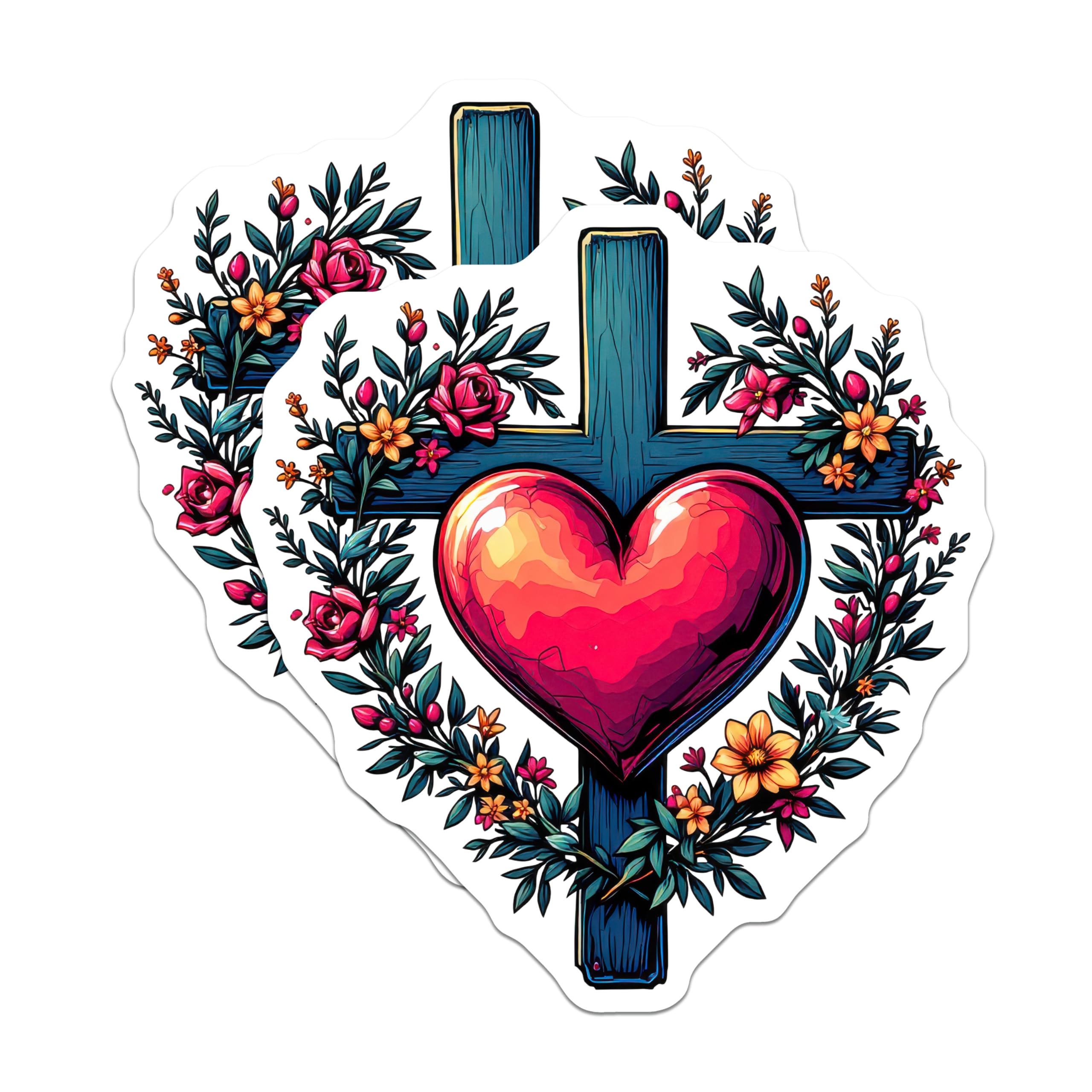 (2 Pack) Christian Cross Magnets - Sacred Heart Floral Design - Faith Inspired Spiritual Decor - 5 Inches On Longest Side - Thick Durable Magnet - Made in USA - MAG22661