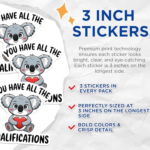 (3 Pack) Koalafications Decals - Cute Koala Bear - Funny Pun Decal - 3 Inches On Longest Side - Easy Peel & Apply - Made in USA - 3MCS2539
