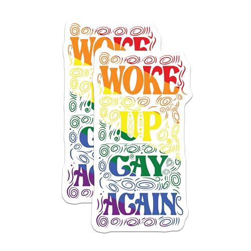 (2 Pack) Woke Up Gay Again Stickers - LGBTQ Pride Stickers - Colorful Motivational Stickers - 5" On Longest Side - Sticks to Smooth Flat Surfaces - Made in USA - BMCS4697