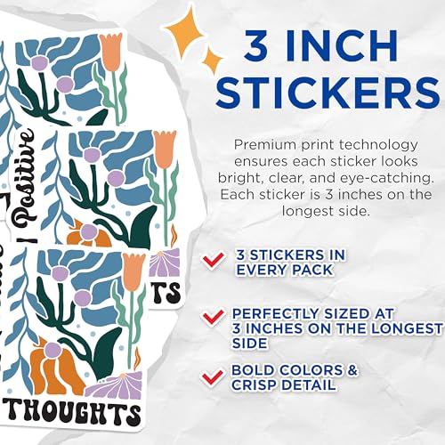 (3 Pack) Grow Positive Thoughts Decals - Floral Illustration Stickers - Laptop Decals - 3 Inches On Longest Side - Easy Peel & Apply - Made in USA - 3MCS2613