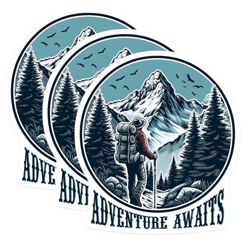 (3 Pack) Adventure Awaits Decals - Hiker Mountain Decals - Laptop Decal - 3 Inches On Longest Side - Easy Peel & Apply - Made in USA - 3MCS2043