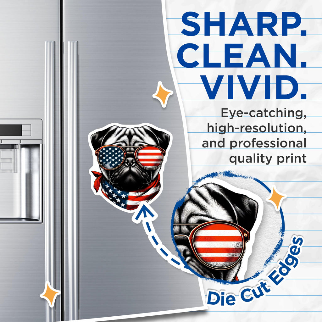(2 Pack) Pug Dog Magnets - American Flag Sunglasses - Patriotic Pet Decor - 5" On Longest Side - Premium Magnet - for Cars, Refrigerators, Toolboxes, Lockers - Made in USA - MAG15800