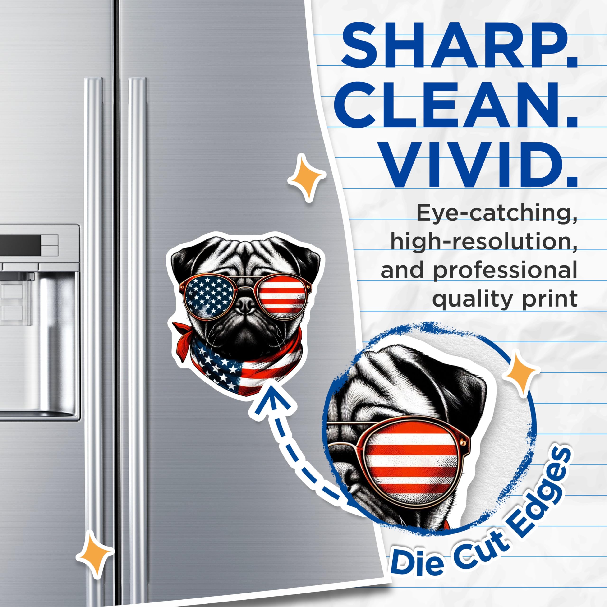 (2 Pack) Pug Dog Magnets - American Flag Sunglasses - Patriotic Pet Decor - 5" On Longest Side - Premium Magnet - for Cars, Refrigerators, Toolboxes, Lockers - Made in USA - MAG15800