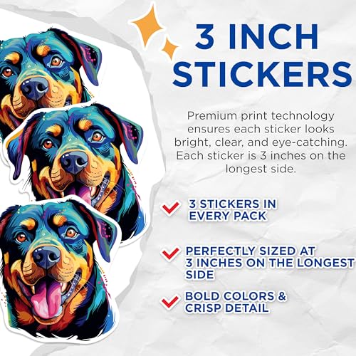 (3 Pack) Rottweiler Dog Decals - Colorful Dog Art - Laptop Decal - 3 Inches On Longest Side - Easy Peel & Apply - Made in USA - 3MCS0810