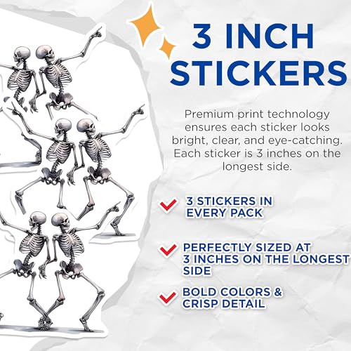(3 Pack) Dancing Skeletons Decals - Halloween Skeleton Stickers - Funny Bone Decals- 3 Inches On Longest Side - Easy Peel & Apply - Made in USA - 3MCS5754