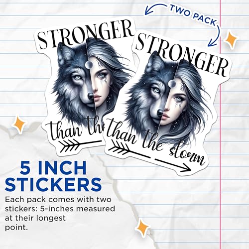 (2 Pack) Stronger Than The Storm Stickers - Motivational Wolf Decal - 5" On Longest Side - Sticks to Smooth Flat Surfaces - Made in USA - BMCS9242 - BMCS9242