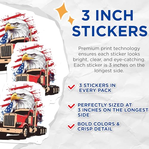 (3 Pack) Eagle Truck Decals - Patriotic Trucker - American Flag Decal - 3 Inches On Longest Side - Easy Peel & Apply - Made in USA - 3MCS4583