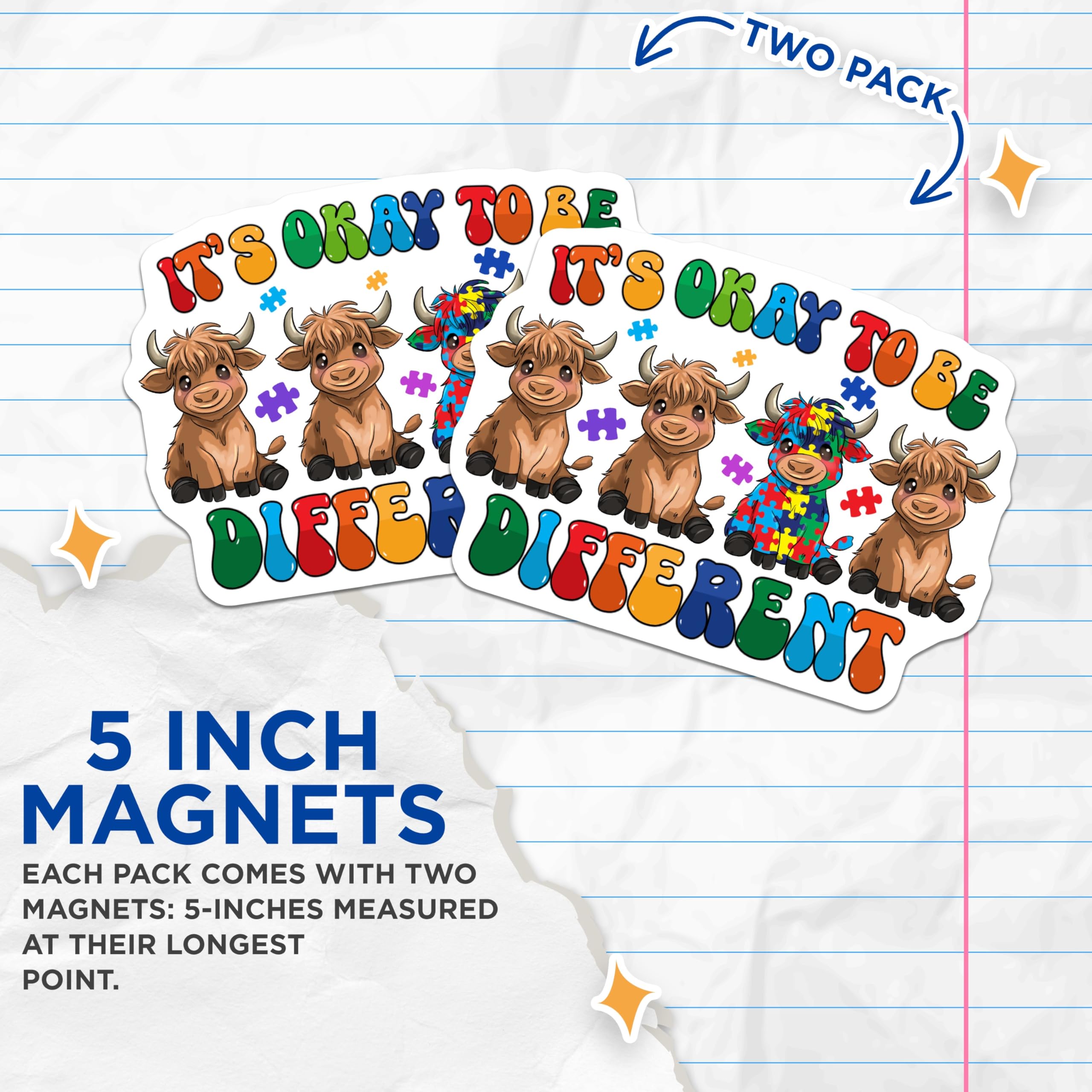 (2 Pack) Autism Acceptance Cow Magnets - Neurodiversity Puzzle Piece - It's Okay to Be Different Quote - 5 Inches On Longest Side - Thick Durable Magnet - Made in USA - MAG28132